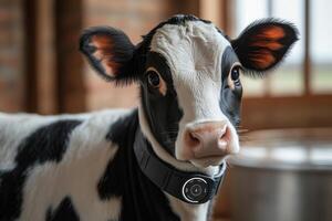 a cow wearing a health monitoring collar in a modern dairy farm, automated feeding system in the background photo