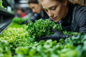 a team of workers harvesting leafy greens from a hydroponic farm, futuristic design with automated conveyor systems in the background, soft natural lighting photo