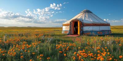 a traditional Yakut yurt set up for Ysyakh, surrounded by flowers and cultural ornaments photo