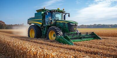 a combine harvester equipped with smart AI cameras working in a cornfield photo