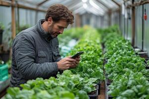 a farmer using a smartphone app to monitor IoT connected sensors in a greenhouse, rows of vibrant green plants in the background, natural daylight streaming in photo