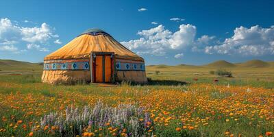 a traditional Yakut yurt set up for Ysyakh, surrounded by flowers and cultural ornaments, with a clear summer sky photo