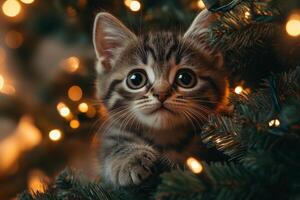 A playful kitten climbs the decorated tree, spreading holiday mischief photo