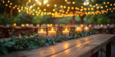 a rustic outdoor wedding reception, wooden tables decorated with greenery and candles, set under string lights in a lush garden, empty right side for copy space, soft evening light photo