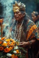 a ceremonial priest during Inti Raymi, holding a sun-shaped golden scepter, standing on an altar with elaborate decorations photo