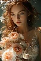 a bride holding a bouquet of waterproof artificial flowers, gently floating in an underwater scene with soft, ethereal lighting photo
