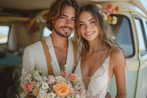 a groom in a linen suit and suspenders standing with a bride holding hands, with a vintage camper van in the background photo