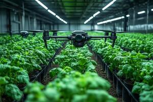 a group of drones scanning soil and plant health in a futuristic smart farm, rows of plants in perfect alignment photo
