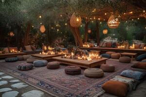 an outdoor lounge area at a boho wedding, featuring rugs, cushions, and low wooden tables with candles and dried flowers photo