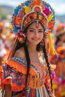 a group of performers in traditional Inca attire, dancing in formation in a large open square, bright and intricate costumes against a clear blue sky, natural light enhancing the vivid colors photo