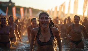 a large crowd enjoying the mud obstacle course, participants climbing and splashing, with festival flags and a beachside landscape visible in the distance photo