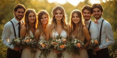 a wedding party posing in an open field, the bride and bridesmaids holding bouquets, groomsmen in suspenders photo