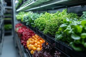 a spacious hydroponic farm with colorful leafy greens growing in stacked layers photo