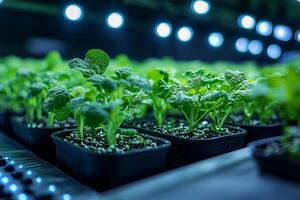 an advanced greenhouse with hydroponic systems and LED grow lights, showcasing vibrant green crops photo