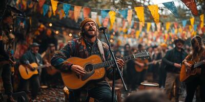 a traditional Cornish band playing folk music during the Golowan Festival, a backdrop of a festive crowd photo