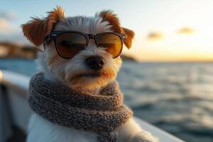 a small dog wearing sunglasses and a scarf, sitting confidently at the edge of the yacht, calm ocean waves and clear skies behind photo