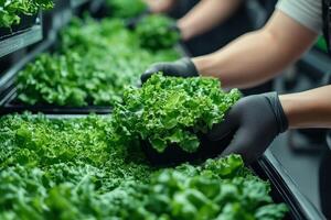 a team of workers harvesting leafy greens from a hydroponic farm, futuristic design with automated conveyor systems in the background photo