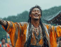 a performer at Boryeong Mud Festival, entertaining a crowd with a mud themed costume and energetic dance, stage and colorful banners in the background photo