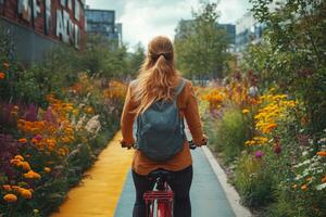 a young woman riding a bicycle on a colorful, newly designed bike path in a bustling city center, surrounded by greenery and contemporary architecture, sunny day photo