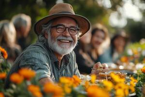 a group of adults enjoying a picnic in a park, laughing and sharing food photo