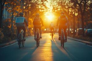 an innovative bike path with built in solar panels, cyclists enjoying a smooth ride, futuristic urban backdrop photo