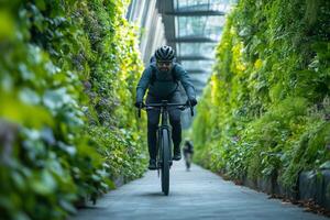 a cyclist entering an eco friendly urban bridge with a separate bike path, surrounded by lush greenery and sustainable architecture photo