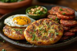 Ecuadorian llapingachos, potato patties, served with chorizo, a fried egg, and peanut sauce photo