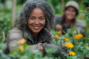 a group of adults volunteering in a community garden, planting flowers and vegetables, with cheerful faces and vibrant greenery surrounding them photo