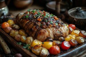 Mongolian boodog, a goat roasted in its skin, served with root vegetables on a rustic platter photo