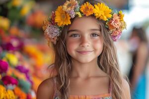 a young girl with a flower crown at Feria de las Flores, smiling while standing near a booth selling vibrant floral crafts photo