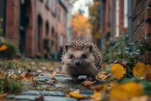 an environmental problem, wild animals in the city, a hedgehog exploring a small garden between urban housing, surrounded by brick walls photo