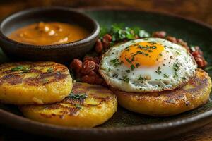 Ecuadorian llapingachos, potato patties, served with chorizo, a fried egg, and peanut sauce, arranged on a rustic ceramic plate photo