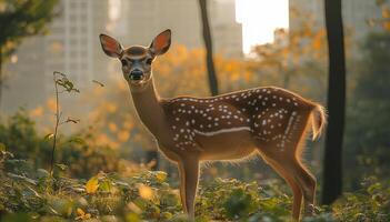 an environmental problem, a deer standing in a quiet urban park, surrounded by skyscrapers and greenery photo