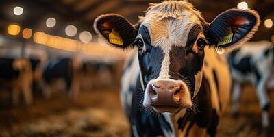 cows wearing health monitoring collars, standing in a modern robotic barn, ventilation fans and smart equipment visible, right side empty for text, warm and even lighting photo