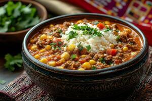 Bhutanese ema datshi, a spicy chili and cheese stew, served in a ceramic bowl with red rice on the side, traditional Bhutanese textiles in the background photo