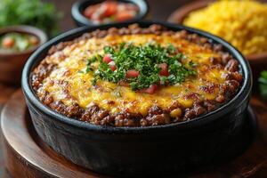 South African bobotie, a baked minced meat dish topped with golden egg custard, served with yellow rice, chutney, and sambals, presented on a rustic wooden table photo