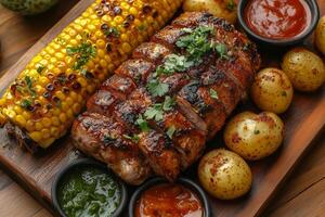 Peruvian cuy, roasted guinea pig, presented on a platter with potatoes, corn, and vibrant sauces, garnished with herbs, surrounded by traditional Peruvian decorations photo