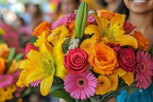 intricate floral designs displayed during Feria de las Flores, vivid colors of roses, lilies, and daisies, with blurred festivalgoers in the background, natural light enhancing the details photo
