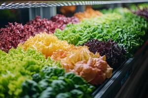 a futuristic vertical hydroponic farm with multicolored lettuces photo