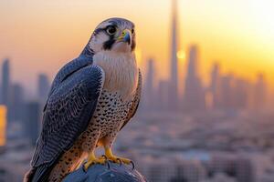 an environmental problem, wild birds in the city, a falcon perched on the edge of a skyscraper photo