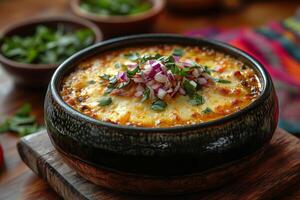 Bhutanese ema datshi, a spicy chili and cheese stew, served in a ceramic bowl with red rice on the side photo
