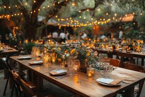 a boho style wedding reception with wooden tables, mismatched vintage chairs, and earthy toned table settings, surrounded by fairy lights and greenery, warm evening light photo