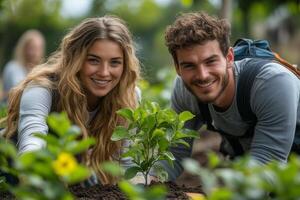 A young couple happily plants a tree together in their backyard, embracing an eco friendly lifestyle, surrounded by greenery photo