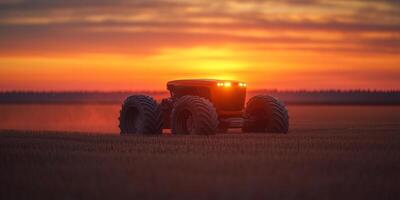 an autonomous tractor driving through a field during sunrise, planting crops with precision, advanced sensors visible on the tractor photo