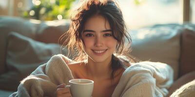 a young woman sitting on a couch, holding her coffee cup with both hands and smiling, cozy blanket draped over her, empty right side for text, diffused morning light photo