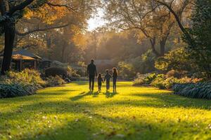 a family playing frisbee on the grass in a spacious park, surrounded by mature trees and sculpted gardens photo
