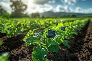 a modern farm with IoT devices attached to crops, monitoring soil moisture and temperature photo