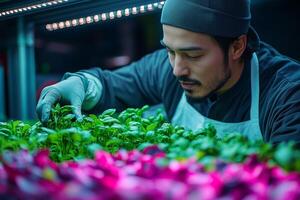 a worker in a hydroponic farm carefully inspecting plants photo
