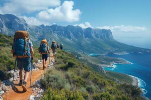 elderly friends hiking on a scenic mountain trail, carrying backpacks and enjoying the view, under a clear blue sky with bright sunlight photo
