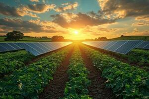 a solar powered IoT weather station in the middle of a field, collecting climate data, surrounded by rows of healthy crops under bright sunlight photo